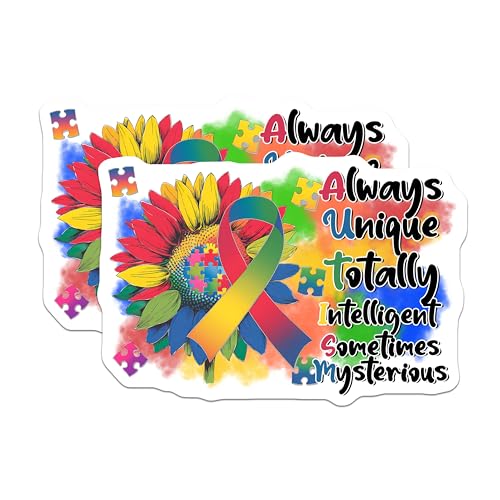 (2 Pack) Autism Awareness Stickers - Rainbow Sunflower Decal - Inspirational Quote Stickers - 5" On Longest Side - Sticks to Smooth Flat Surfaces - Made in USA - BMCS9691