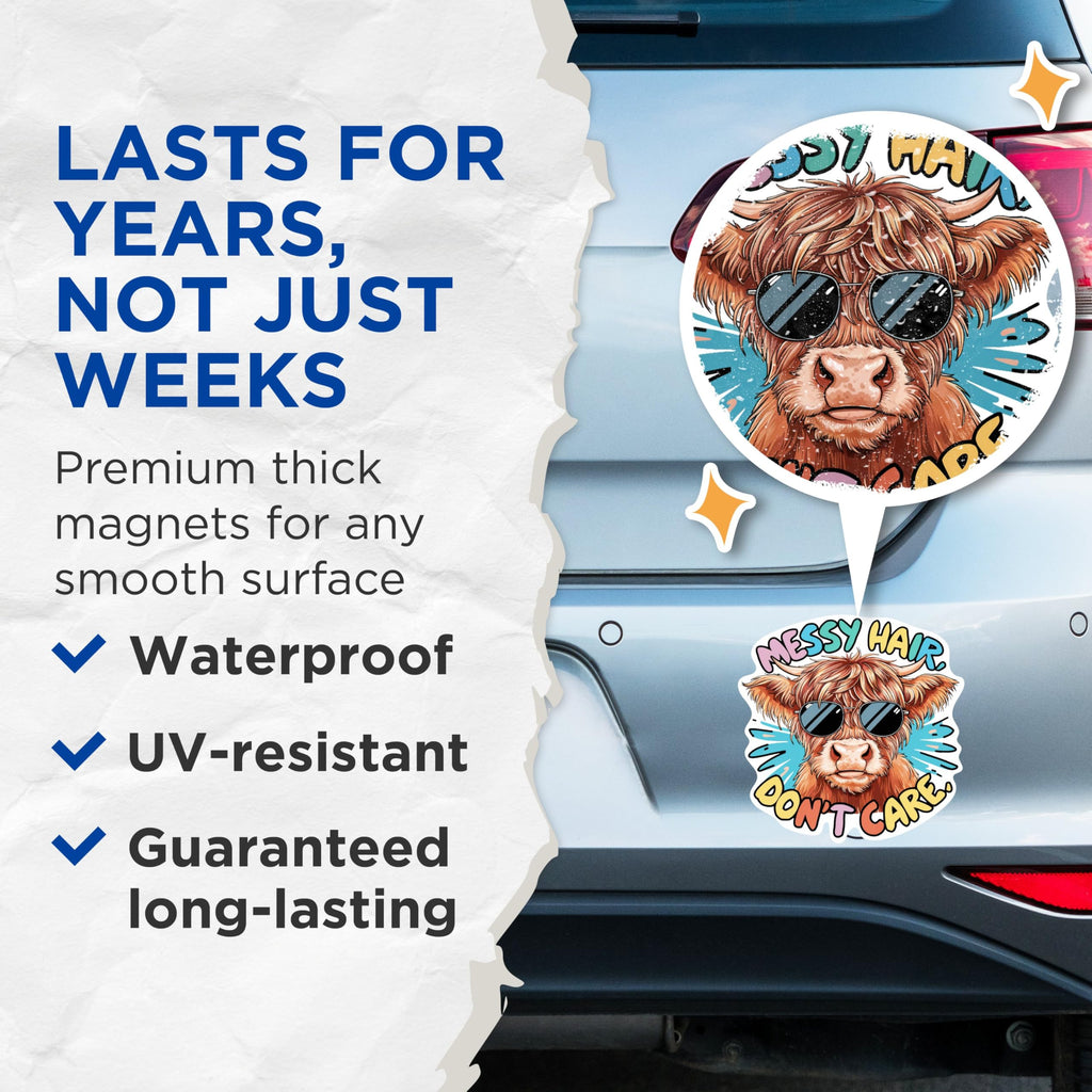 (2 Pack) Messy Hair, Don't Care. Magnets - Funny Punny Highland Cow Magnet - 5 Inches On Longest Side - Premium Magnet - for Cars, Refrigerators, Toolboxes - Made in USA - MAG2041