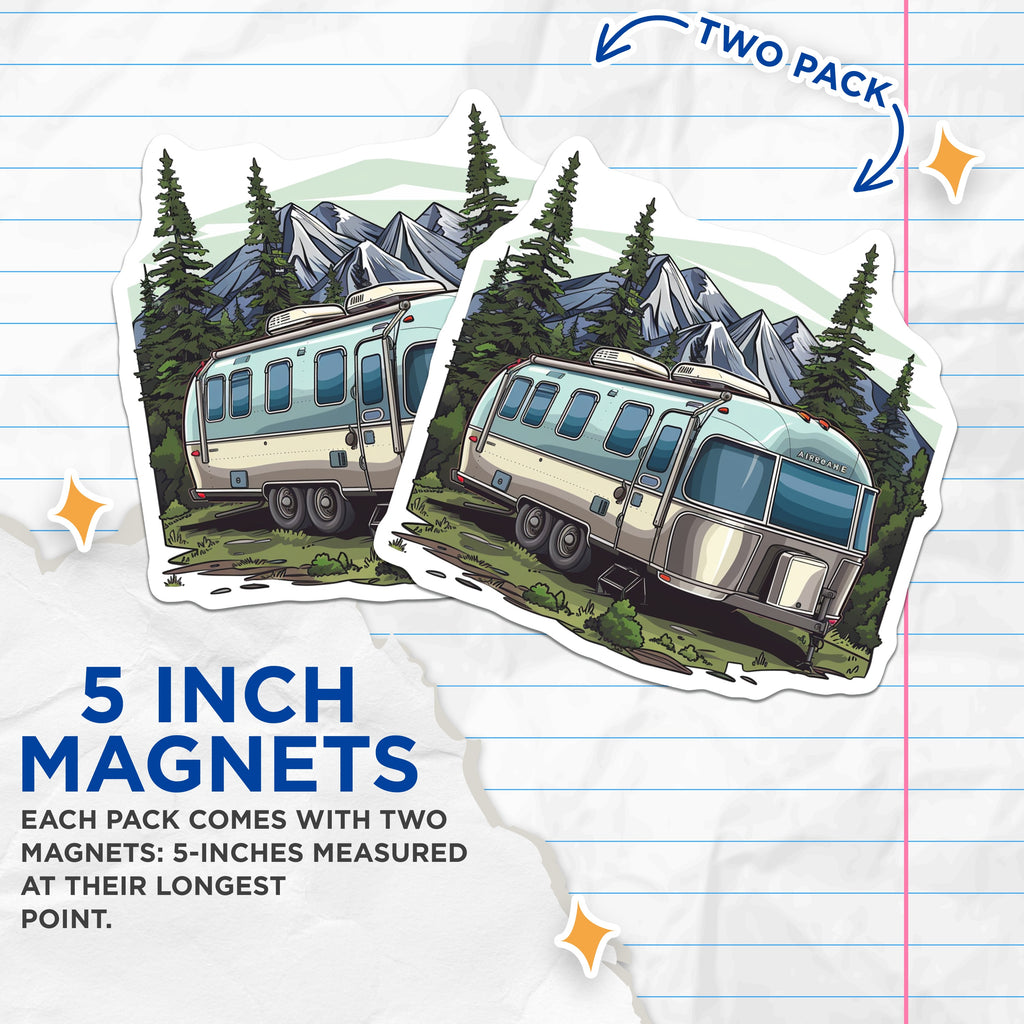 (2 Pack) Retro Camper Magnets - Mountain Adventure - RV Life Decor - Nature Enthusiast Gift - 5 Inches On Longest Side - Thick Durable Magnet - Made in USA - MAG38607