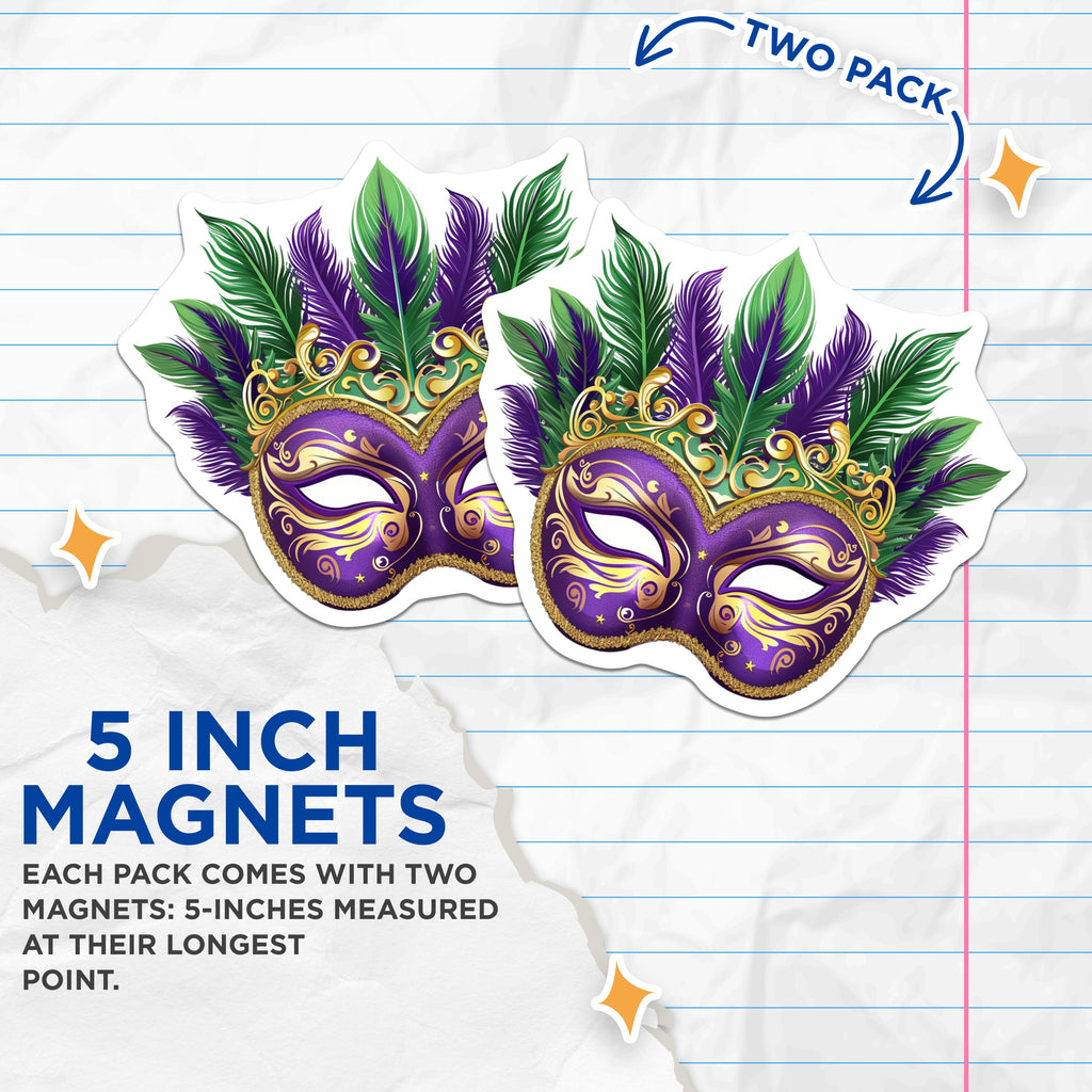(2 Pack) Mardi Gras Mask Magnets - New Orleans Decor - Festival Party Masquerade Art - 5 Inches On Longest Side - Thick Durable Magnet - Made in USA - MAG36504