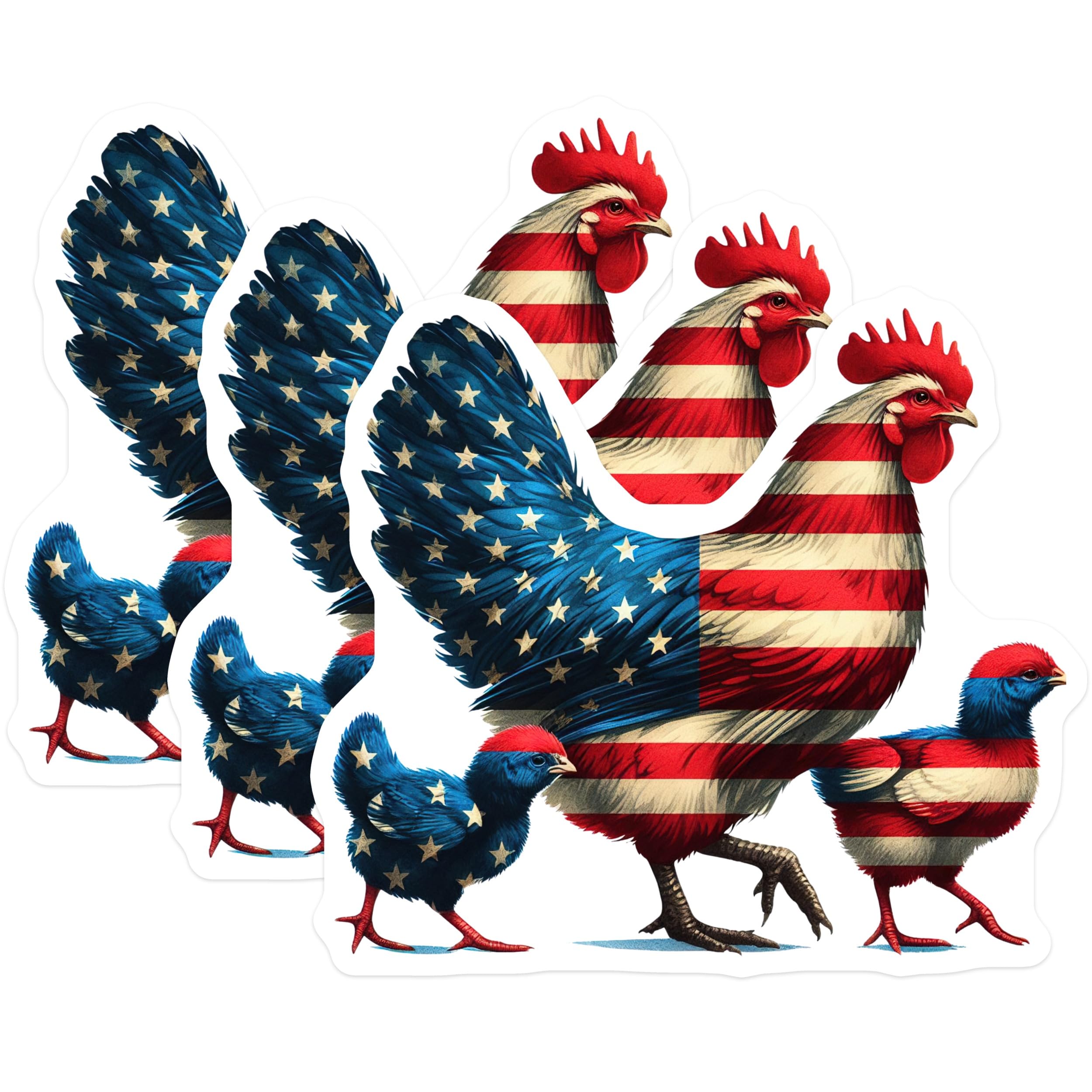 (3 Pack) American Chicken Decals - Patriotic Rooster Art - USA Flag Stickers- 3 Inches On Longest Side - Easy Peel & Apply - Made in USA - 3MCS5994