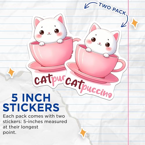 (2 Pack) Cute Cat Stickers - Kawaii Kitten Stickers - Adorable Catpuccino Stickers for Laptops - 5" On Longest Side - Sticks to Any Smooth Flat Surface - Made in USA - BMCS3296