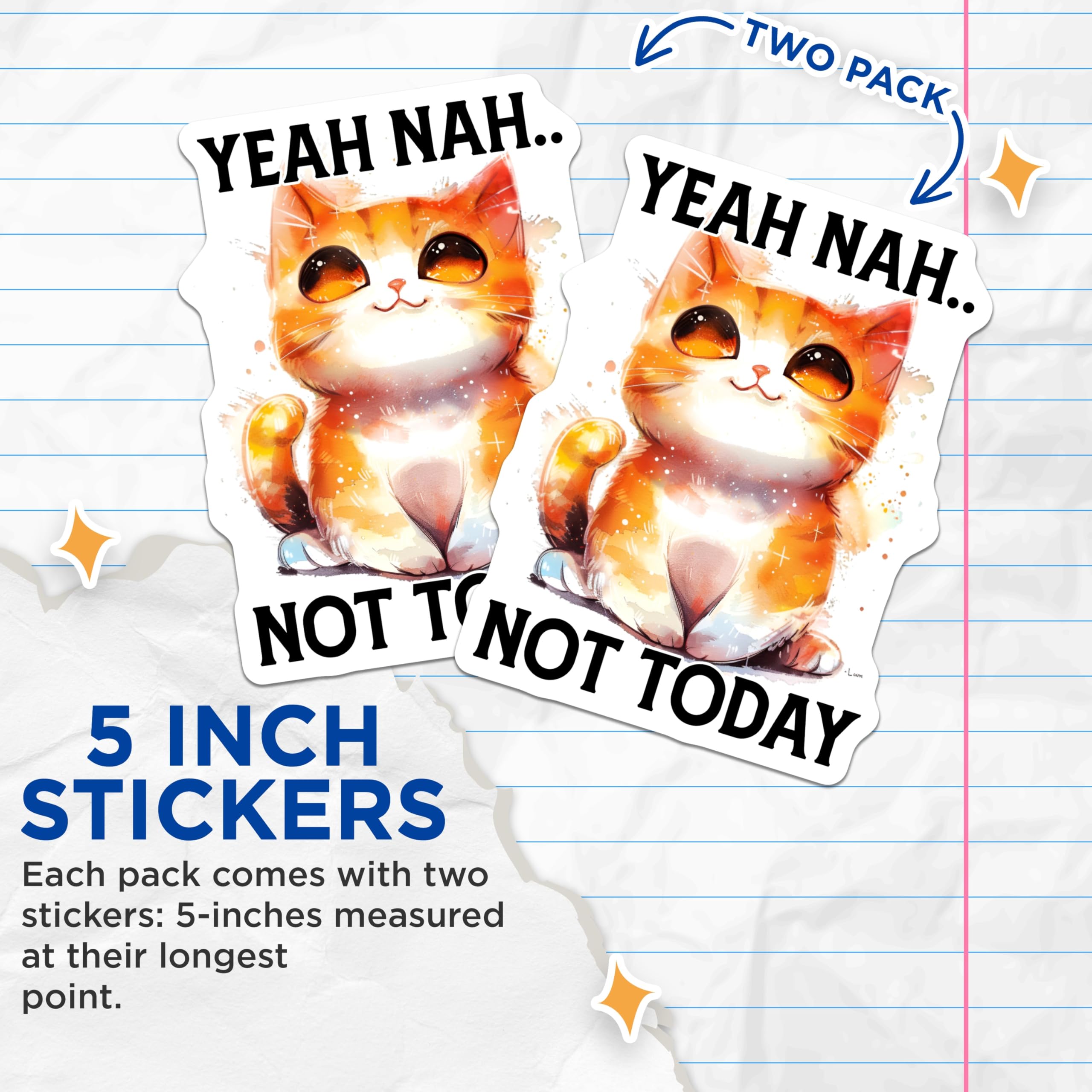 (2 Pack) Yeah Nah Stickers - Funny Cat Decals - Not Today Meme Stickers - 5" On Longest Side - Sticks to Smooth Flat Surfaces - Made in USA - BMCS15879