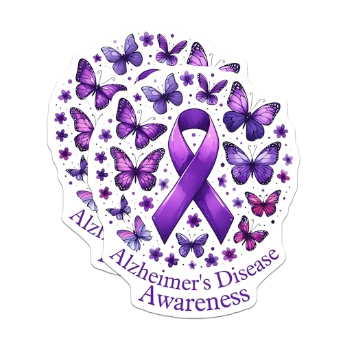 (2 Pack) Alzheimer's Disease Awareness Stickers - Purple Ribbon Support - Butterfly Themed - 5" On Longest Side - Sticks to Smooth Flat Surfaces - Made in USA - BMCS9782