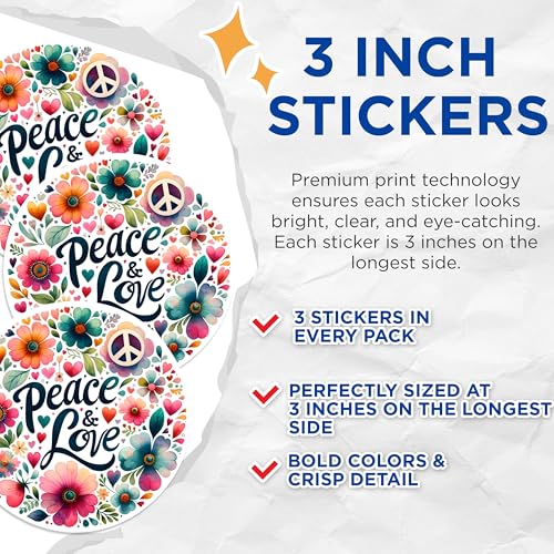 (3 Pack) Peace and Love Decals - Floral Hippie Sticker - Laptop Water Bottle Decal - 3 Inches On Longest Side - Easy Peel & Apply - Made in USA - 3MCS0579