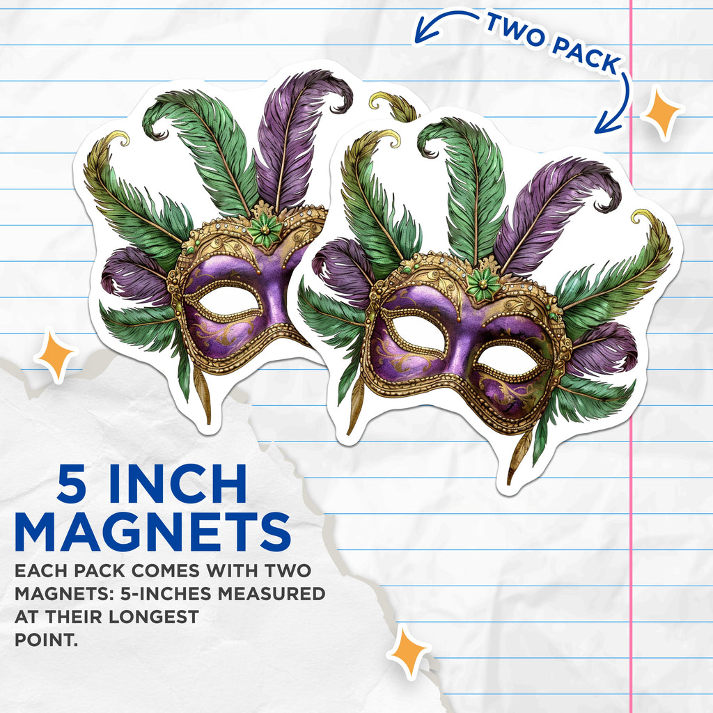 (2 Pack) Mardi Gras Mask Magnets - Venetian Masquerade Decor - New Orleans Festival Souvenir - 5 Inches On Longest Side - Thick Durable Magnet - Made in USA - MAG37631