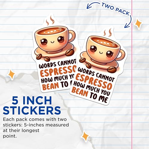 (2 Pack) Coffee Pun Stickers - Cute Coffee Cup Stickers - Funny Coffee Quotes Stickers - 5" On Longest Side - Sticks to Any Smooth Flat Surface - Made in USA - BMCS3287