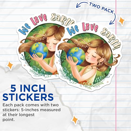 (2 Pack) We Love Earth Stickers - Environmental Awareness - Eco-Friendly Decor - Cute Earth Day Design - 5" On Longest Side - Sticks to Smooth Flat Surfaces - Made in USA - BMCS7683