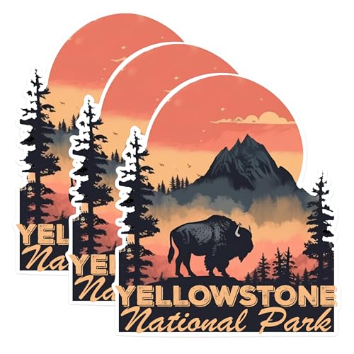 (3 Pack) Yellowstone National Park Decals - Buffalo and Mountain - Nature Decals - 3 Inches On Longest Side - Easy Peel & Apply - Made in USA - 3MCS1416
