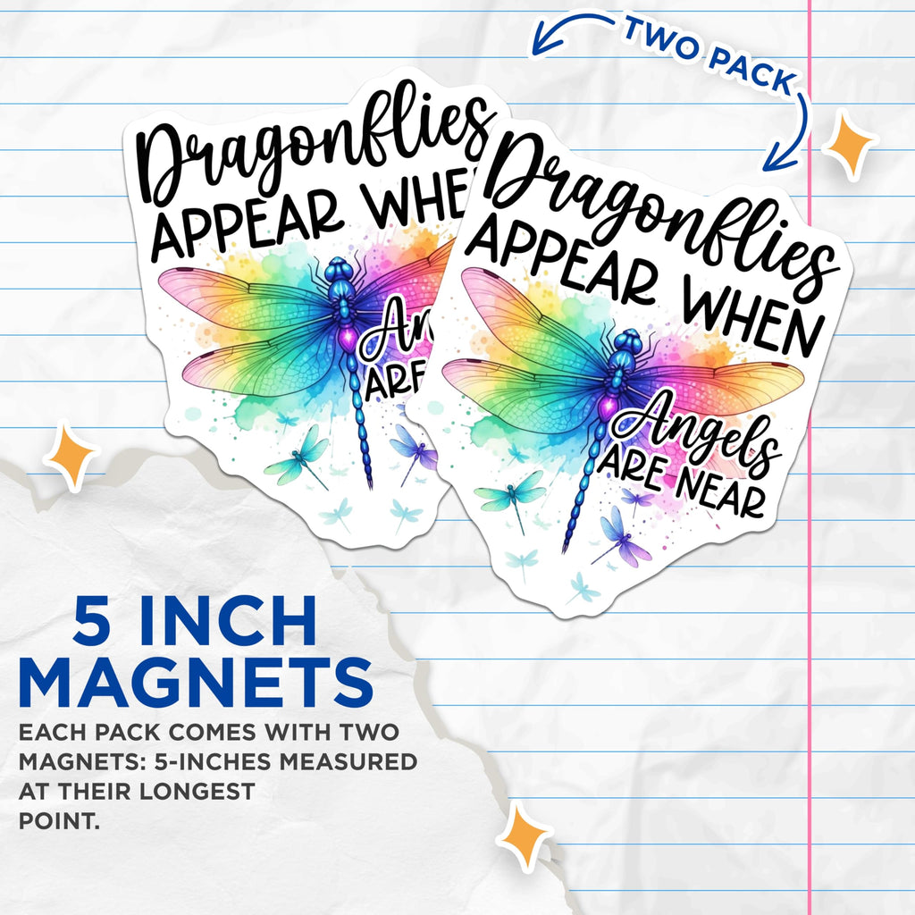 (2 Pack) Dragonfly Magnets - Angels are Near - Rainbow Winged Insects Home Decor - 5" On Longest Side - Premium Magnet - for Cars, Refrigerators, Toolboxes, Lockers - Made in USA - MAG16820
