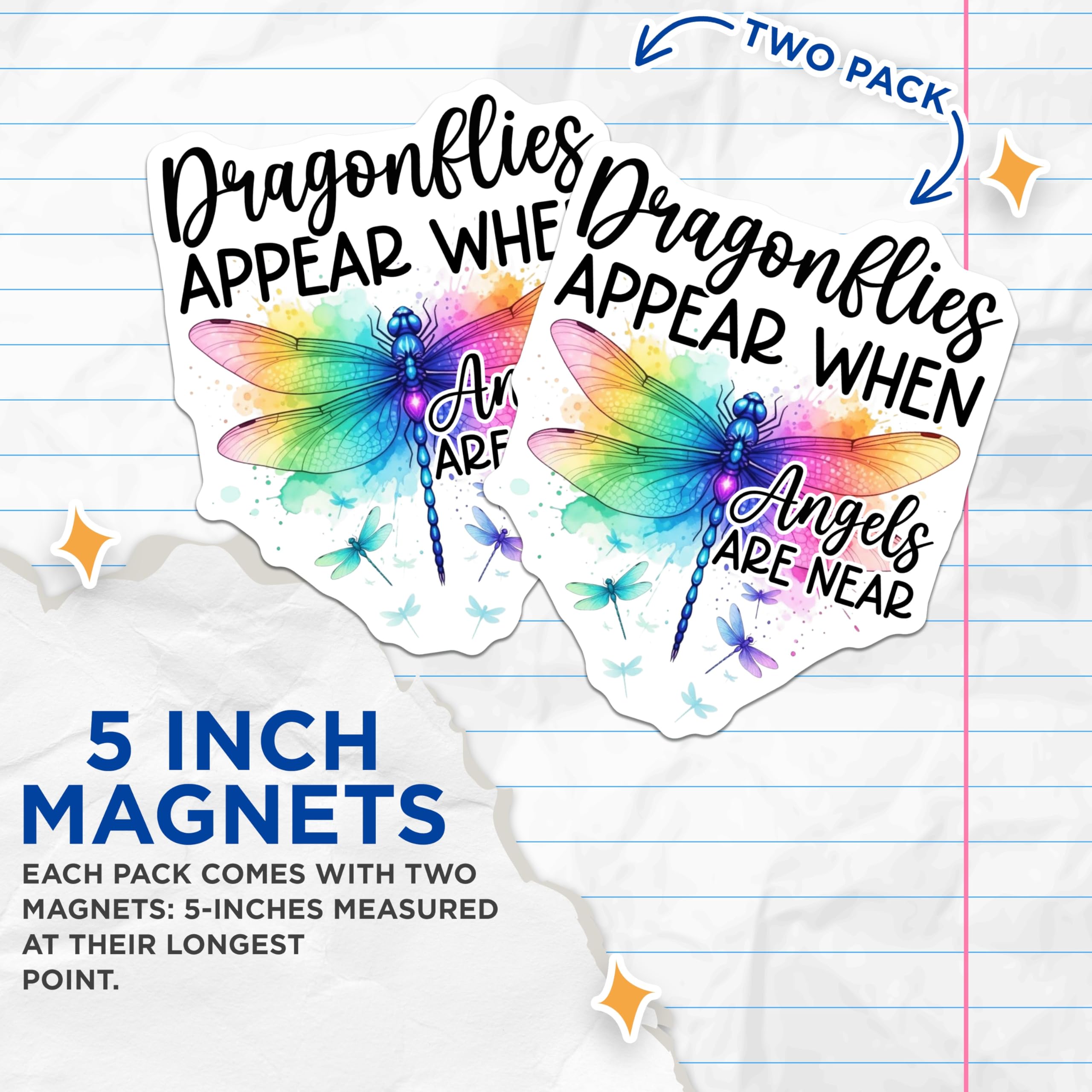 (2 Pack) Dragonfly Magnets - Angels are Near - Rainbow Winged Insects Home Decor - 5" On Longest Side - Premium Magnet - for Cars, Refrigerators, Toolboxes, Lockers - Made in USA - MAG16820