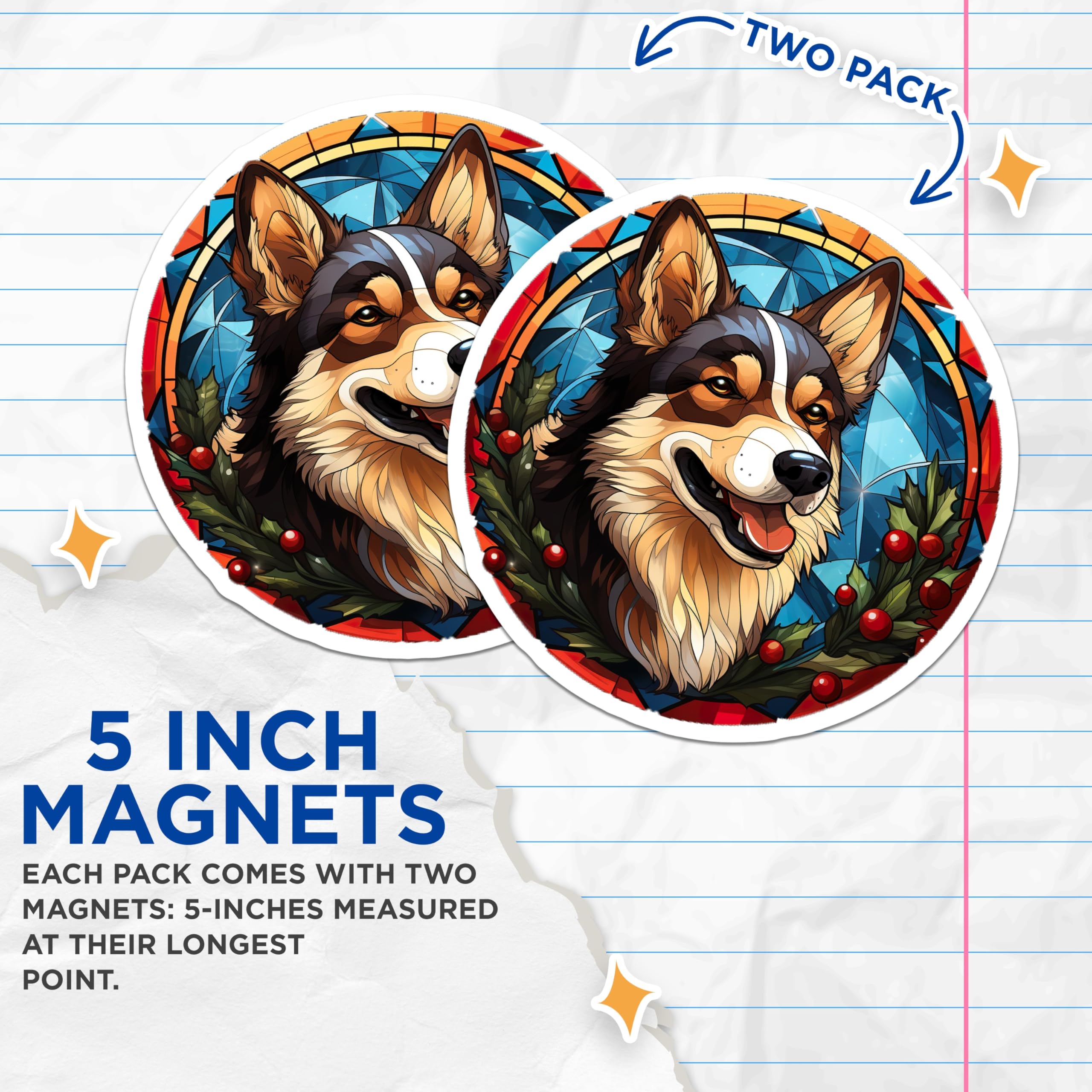 (2 Pack) Corgi Christmas Magnets - Stained Glass Dog Art - Holiday Pet Decor - 5 Inches On Longest Side - Thick Durable Magnet - Made in USA - MAG27525