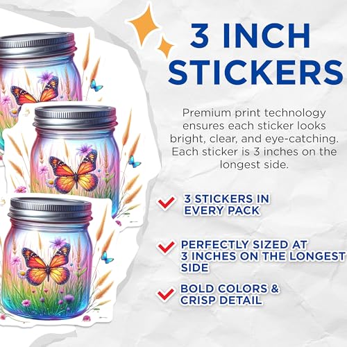 (3 Pack) Butterfly in Jar Decals - Floral Laptop Decal - Nature Illustration Stickers - 3 Inches On Longest Side - Easy Peel & Apply - Made in USA - 3MCS8124