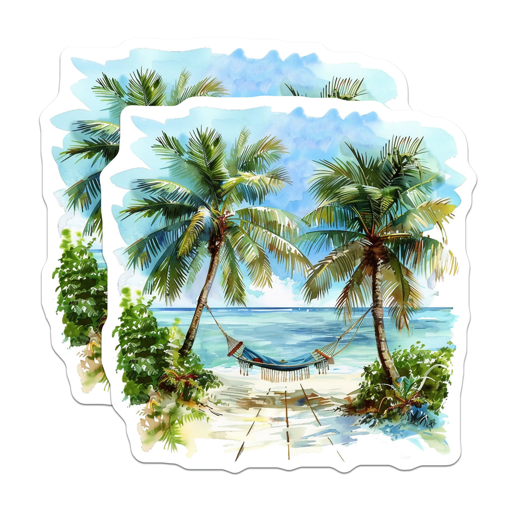 (2 Pack) Tropical Beach Scene Magnets - Watercolor Palm Tree Art - Relaxing Hammock Decor - 5 Inches On Longest Side - Thick Durable Magnet - Made in USA - MAG37314