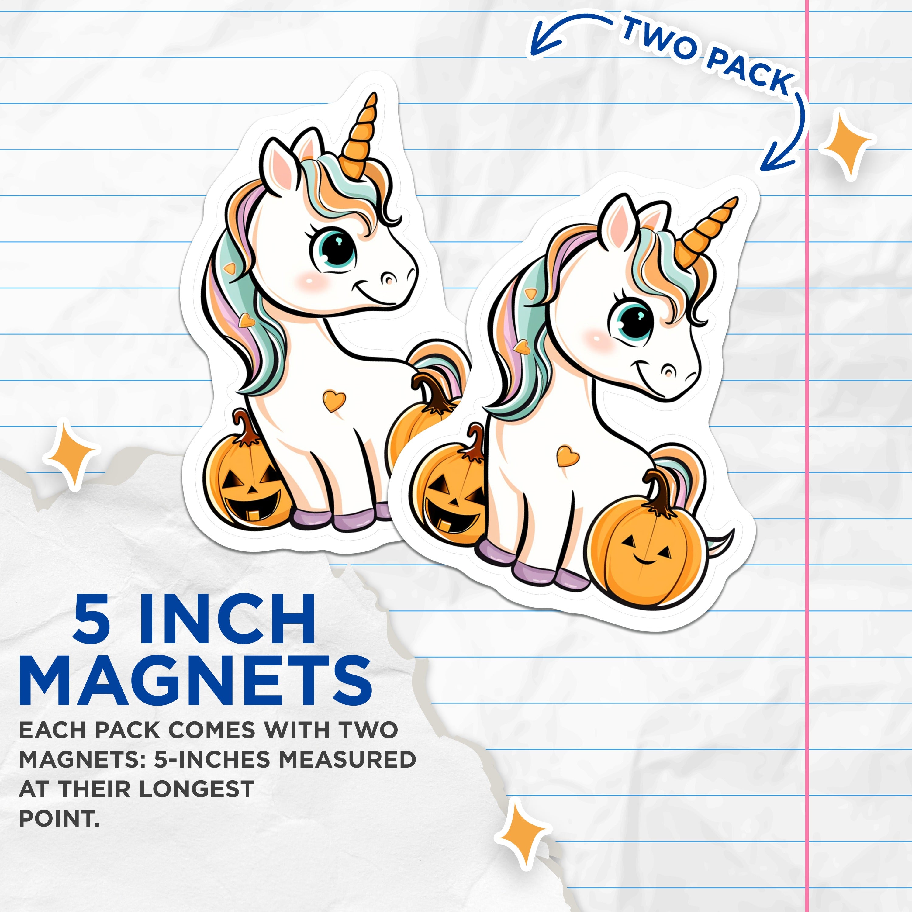 (2 Pack) Cute Unicorn Halloween Magnets - Jack O Lantern Fall Decor - Spooky Cute Fantasy Fridge Locker Board Decor - 5 Inches On Longest Side - Thick Durable Magnet - Made in USA - MAG39897