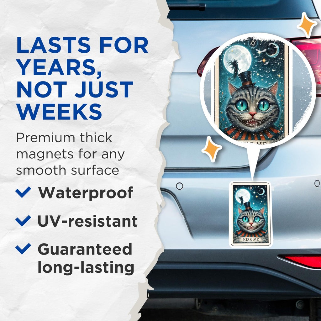 (2 Pack) Cheshire Cat Magnets - Alice Wonderland Fantasy Art - Grinning Cat Spooky Decor - Mystical Whimsical Full Moon Night - 5 Inches On Longest Side - Thick Durable Magnet - Made in USA - MAG22136