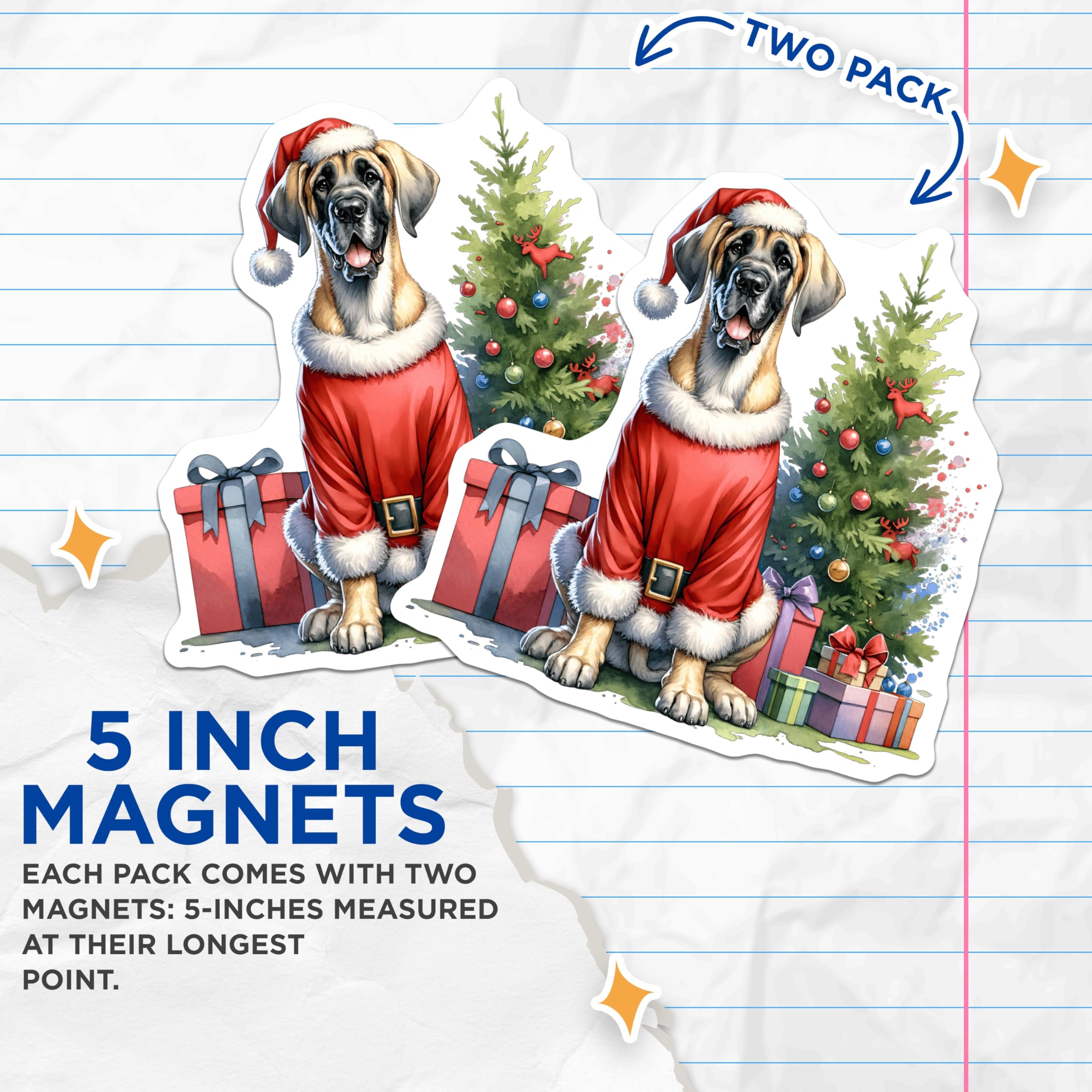 (2 Pack) Great Dane Christmas Magnets - Santa Dog Holiday Decor - Pet Lover Refrigerator Art - 5 Inches On Longest Side - Thick Durable Magnet - Made in USA - MAG27443