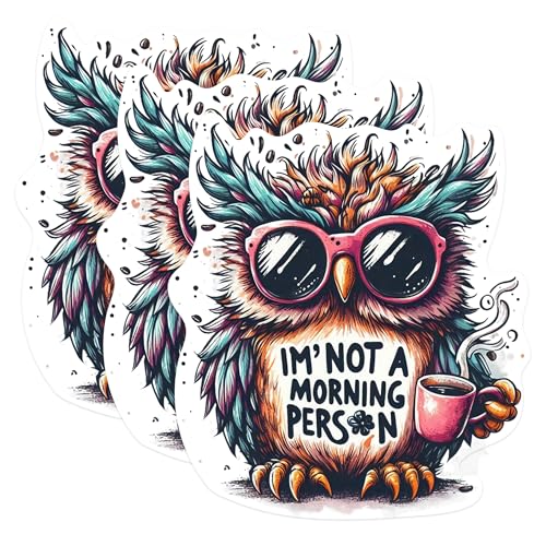 (3 Pack) Not a Morning Person Owl Decals - Funny Owl Sticker - Coffee Lover Decal - 3 Inches On Longest Side - Easy Peel & Apply - Made in USA - 3MCS0856