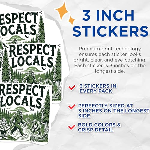(3 Pack) Respect Locals Decals - Bigfoot Decal - Sasquatch Laptop Decal - 3 Inches On Longest Side - Easy Peel & Apply - Made in USA - 3MCS0966