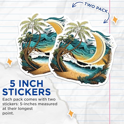 (2 Pack) Tropical Beach Moon Stickers - Palm Tree Waves - Coastal Night Art - 5" On Longest Side - Sticks to Smooth Flat Surfaces - Made in USA - BMCS9266
