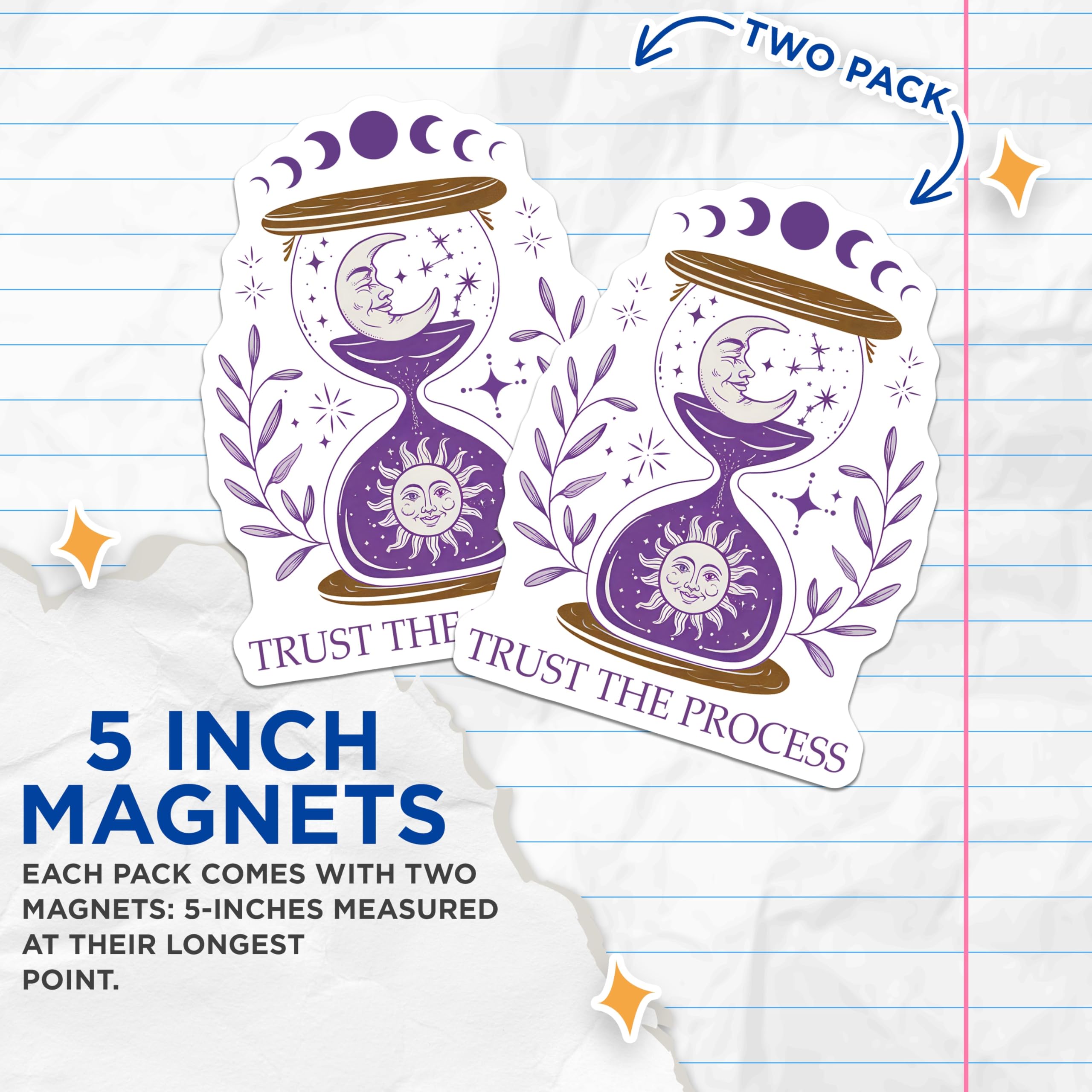 (2 Pack) Trust The Process Magnets - Hourglass Moon Sun - Celestial Refrigerator Decor - 5" On Longest Side - Premium Magnet - for Cars, Refrigerators, Toolboxes, Lockers - Made in USA - MAG17141