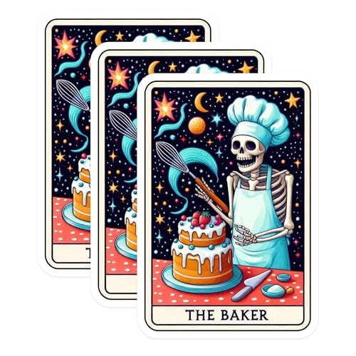 (3 Pack) Baker Skeleton Decals - Tarot Card Stickers - Celestial Chef Stickers - 3 Inches On Longest Side - Easy Peel & Apply - Made in USA - 3MCS4119