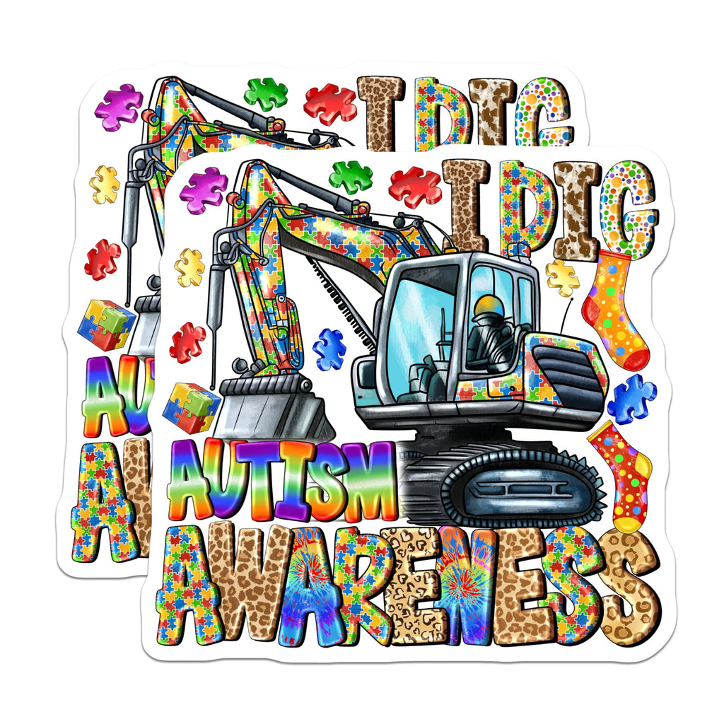 (2 Pack) Autism Awareness Magnets - I Dig Excavator Digger - Puzzle Piece Rainbow Decor - Special Needs Support Magnet Set - 5 Inches On Longest Side - Thick Durable Magnet - Made in USA - MAG23401