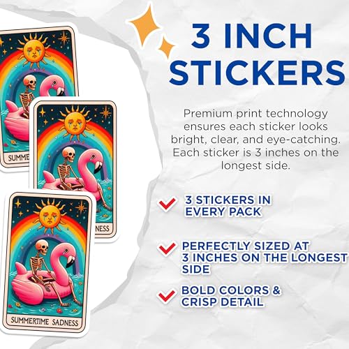 (3 Pack) Summertime Sadness Decals - Skeleton Flamingo - Rainbow Sun Laptop Decals - 3 Inches On Longest Side - Easy Peel & Apply - Made in USA - 3MCS4098