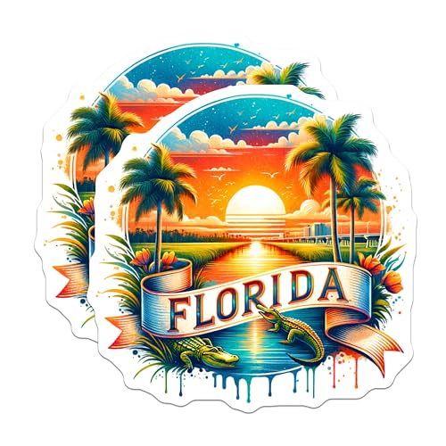 (2 Pack) Florida State Stickers - Sunset Palm Trees - Alligator Wildlife Decal - 5" On Longest Side - Sticks to Smooth Flat Surfaces - Made in USA - BMCS6738