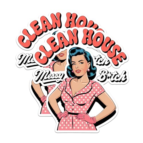 (2 Pack) Clean House Messy Stickers - Retro Housewife Meme Stickers - Funny Home Decor Stickers - 5" On Longest Side - Sticks to Any Smooth Flat Surface - Made in USA - BMCS2942