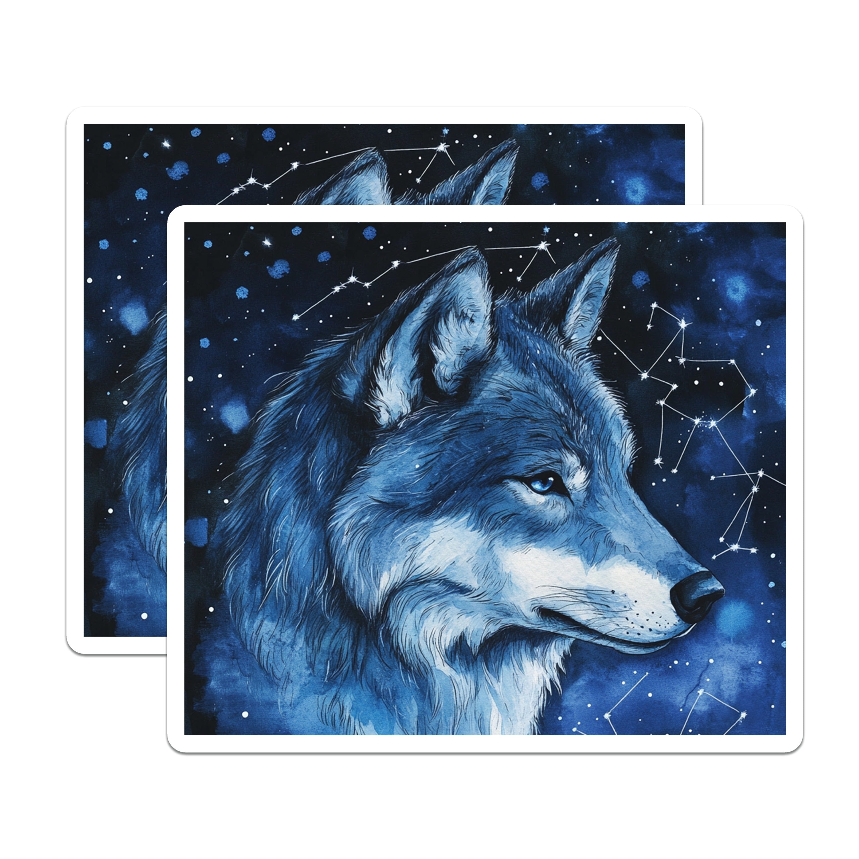 (2 Pack) Blue Wolf Magnets - Cosmic Starry Night - Celestial Animal Refrigerator Decor - 5 Inches On Longest Side - Thick Durable Magnet - Made in USA - MAG36714