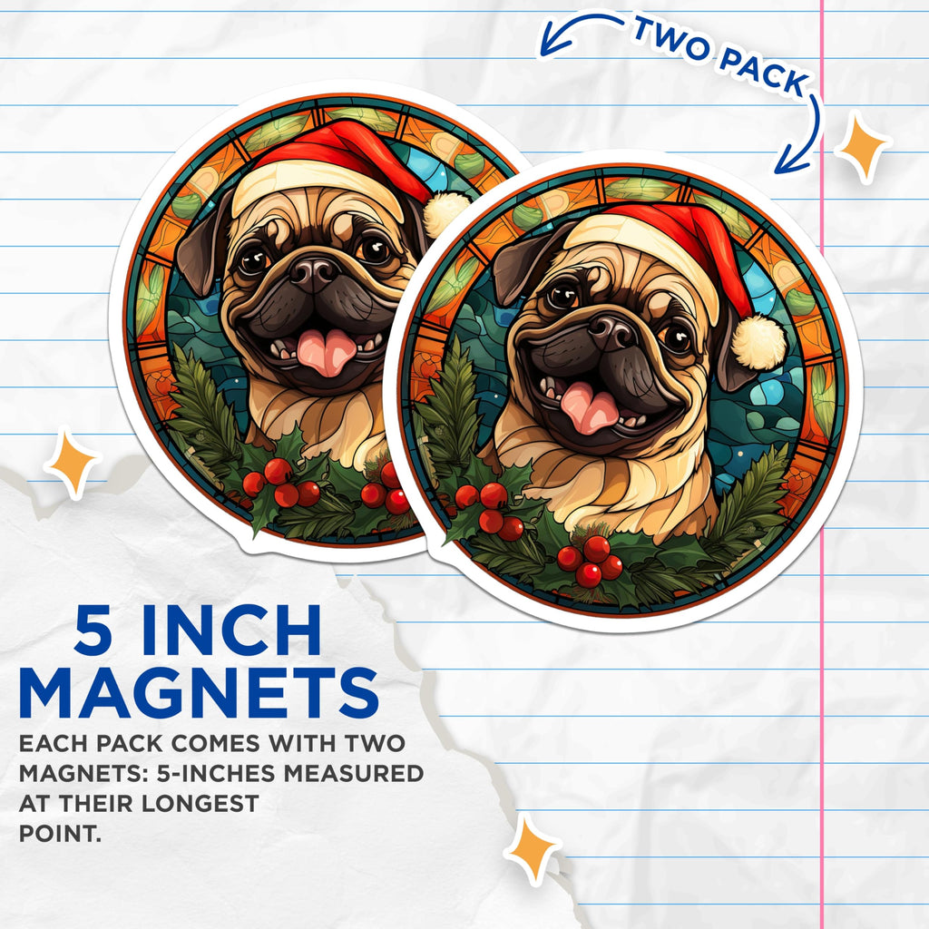 (2 Pack) Christmas Pug Magnets - Stained Glass Dog Decor - Festive Holiday Animal Lover Magnets - 5 Inches On Longest Side - Thick Durable Magnet - Made in USA - MAG29134