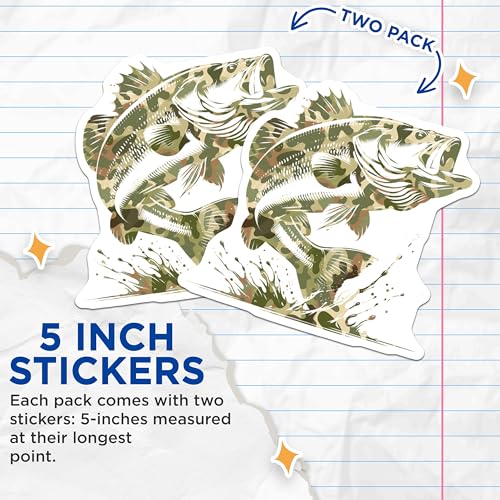 (2 Pack) Bass Fish Stickers - Camouflage Fish Decal - Outdoor Fishing Decals - 5" On Longest Side - Sticks to Smooth Flat Surfaces - Made in USA - BMCS8592