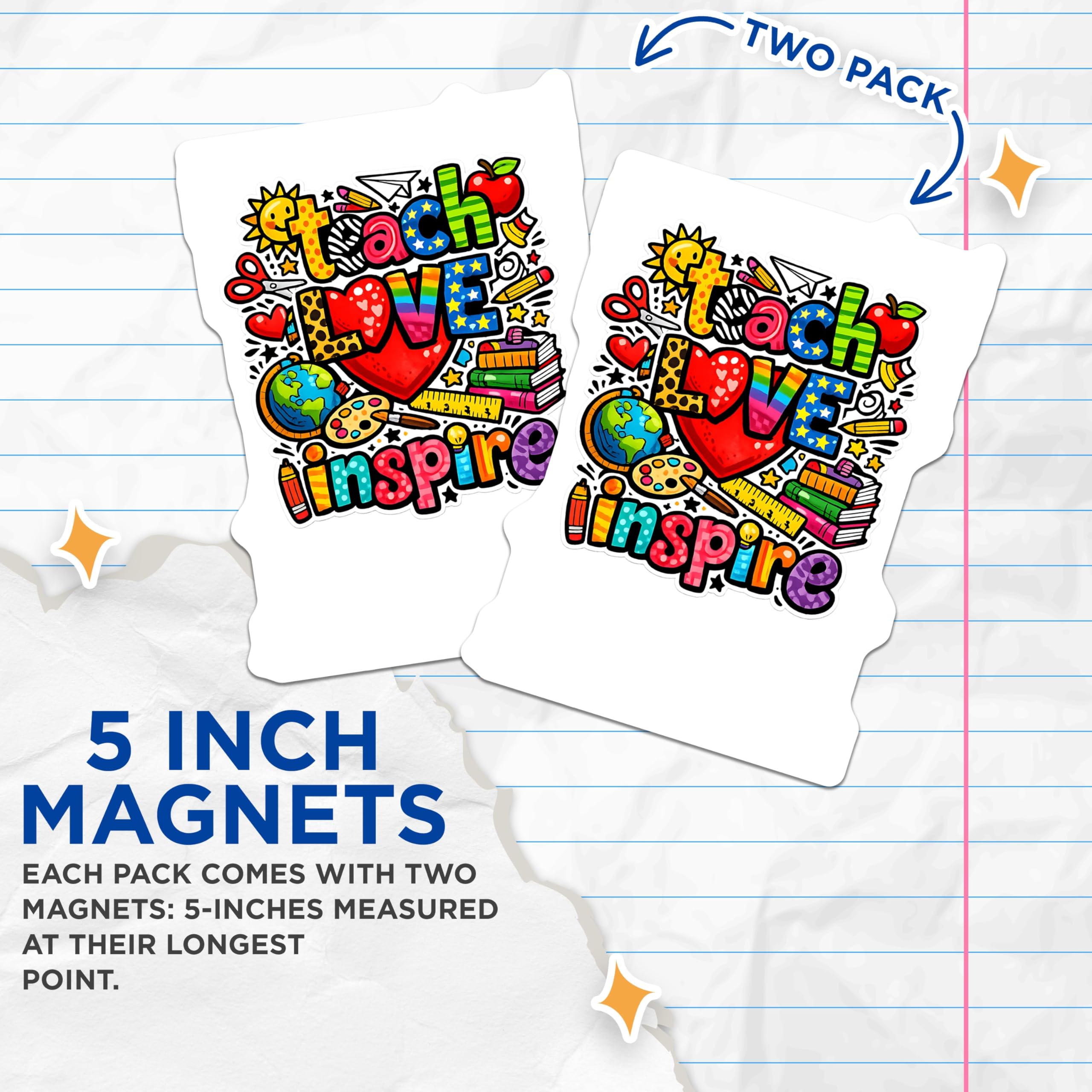 (2 Pack) Vibrant Teacher Appreciation Magnets - Teach Love Inspire Art Decor - Classroom Educational Refrigerator Magnets - 5 Inches On Longest Side - Thick Durable Magnet - Made in USA - MAG22139