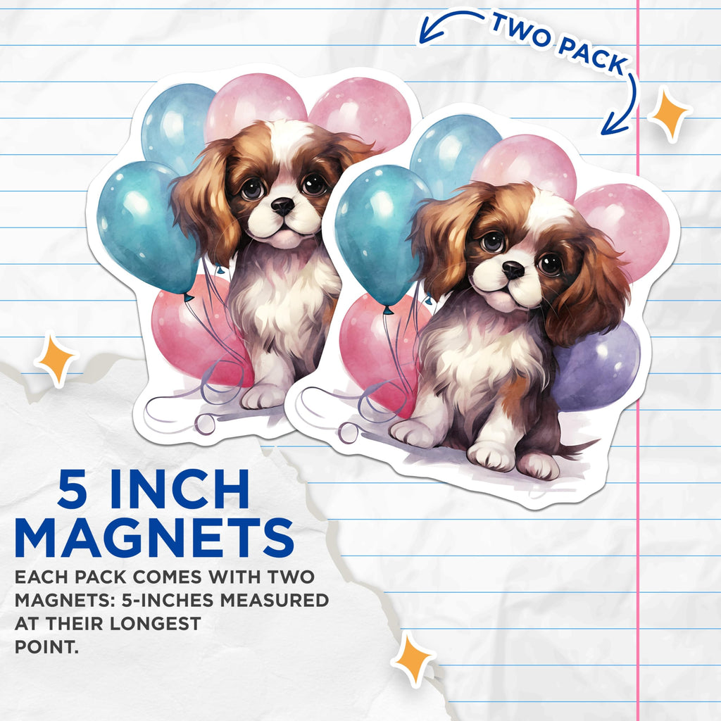 (2 Pack) Cavalier Dog Magnets - Puppy Balloons Illustration - Fridge Decor - 5" On Longest Side - Premium Magnet - for Cars, Refrigerators, Toolboxes, Lockers - Made in USA - MAG16496