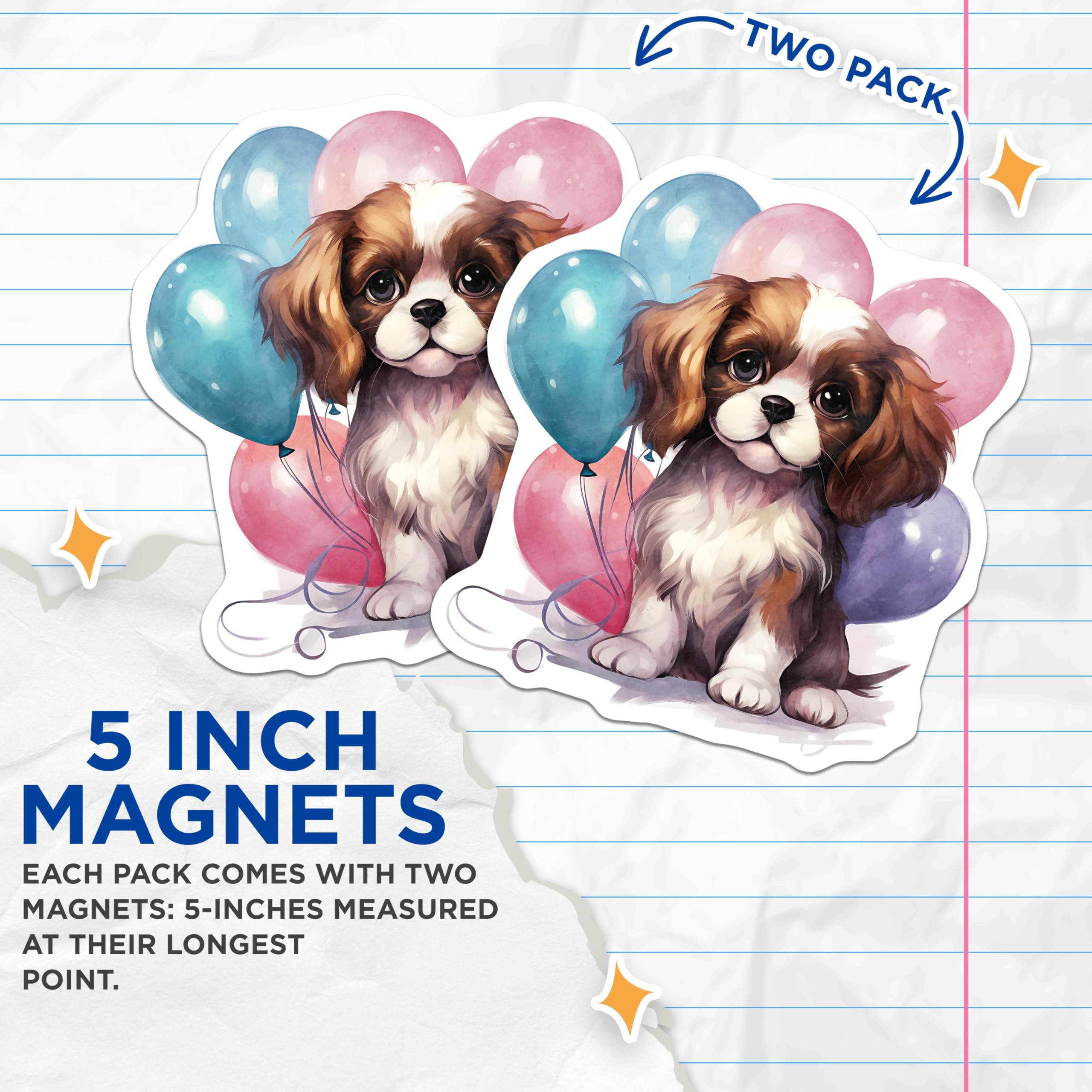 (2 Pack) Cavalier Dog Magnets - Puppy Balloons Illustration - Fridge Decor - 5" On Longest Side - Premium Magnet - for Cars, Refrigerators, Toolboxes, Lockers - Made in USA - MAG16496