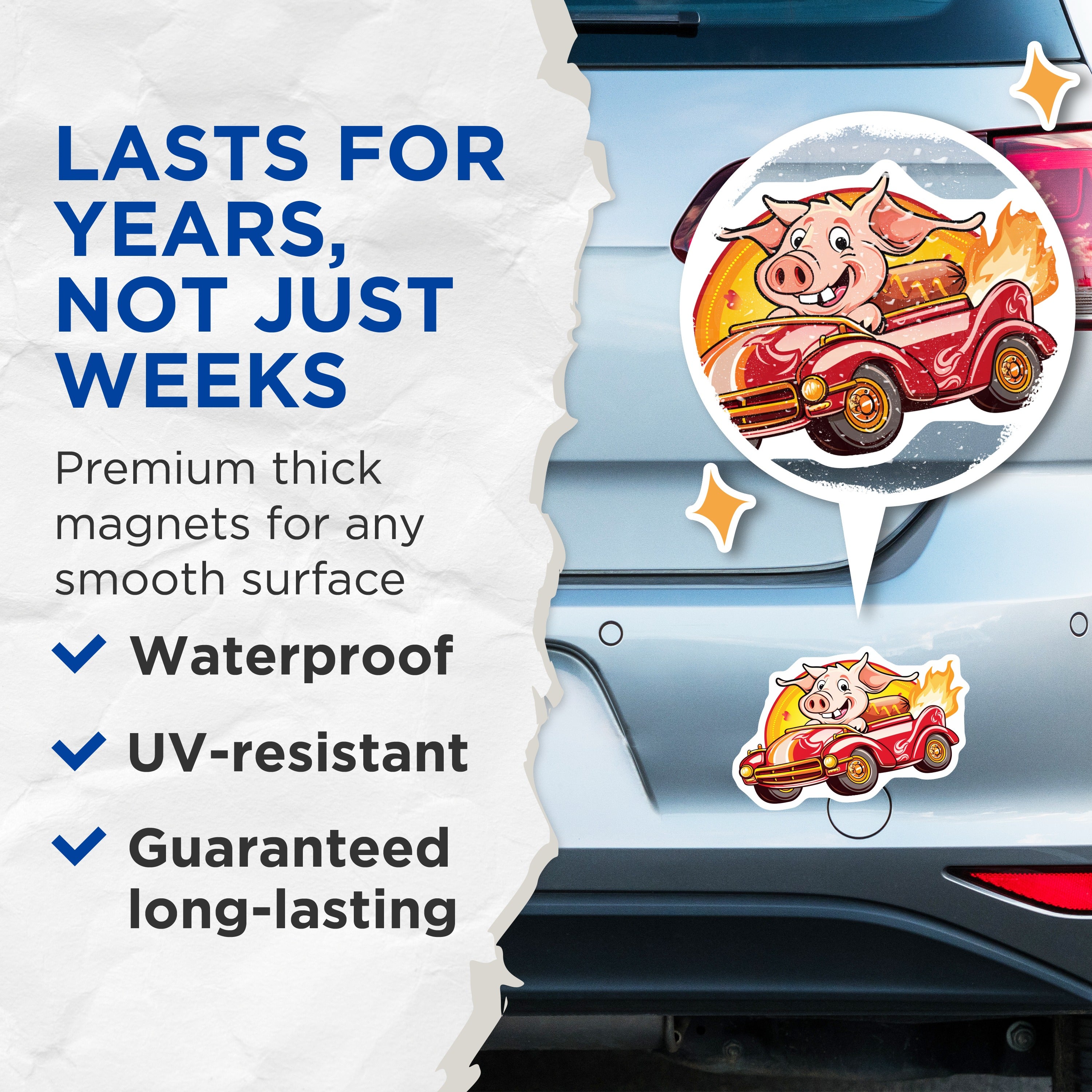 (2 Pack) Funny Pig Driving Hot Rod Magnets - BBQ Grill Master Fridge Decor - Hot Dog Car Kitchen Accessory - 5 Inches On Longest Side - Thick Durable Magnet - Made in USA - MAG38691