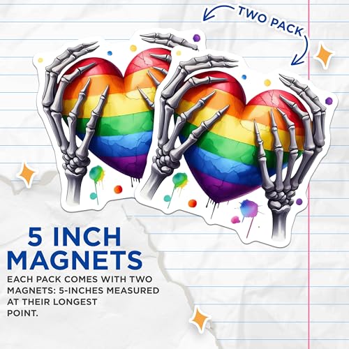 (2 Pack) Rainbow Heart Skeleton Hands Magnets - LGBT Pride Decor - Skeleton Art Fridge Magnets - 5" On Longest Side - for Cars, Fridges, Toolboxes - Made in USA - MAG7272