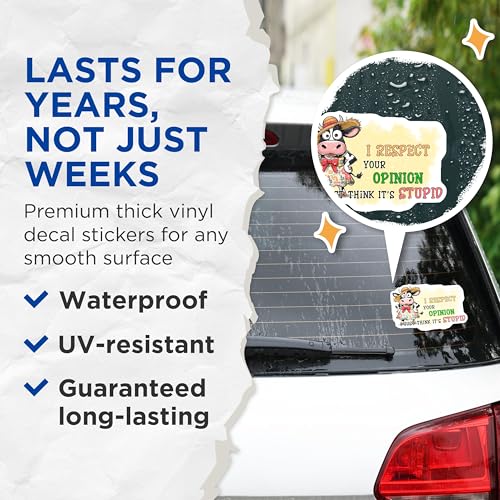 (2 Pack) Funny Cow Opinion Stickers - I Respect Your Opinion Humor - Playful Animal Sticker - Humorous Statement Decal - 5" On Longest Side - Sticks to Smooth Flat Surfaces - Made in USA - BMCS9713