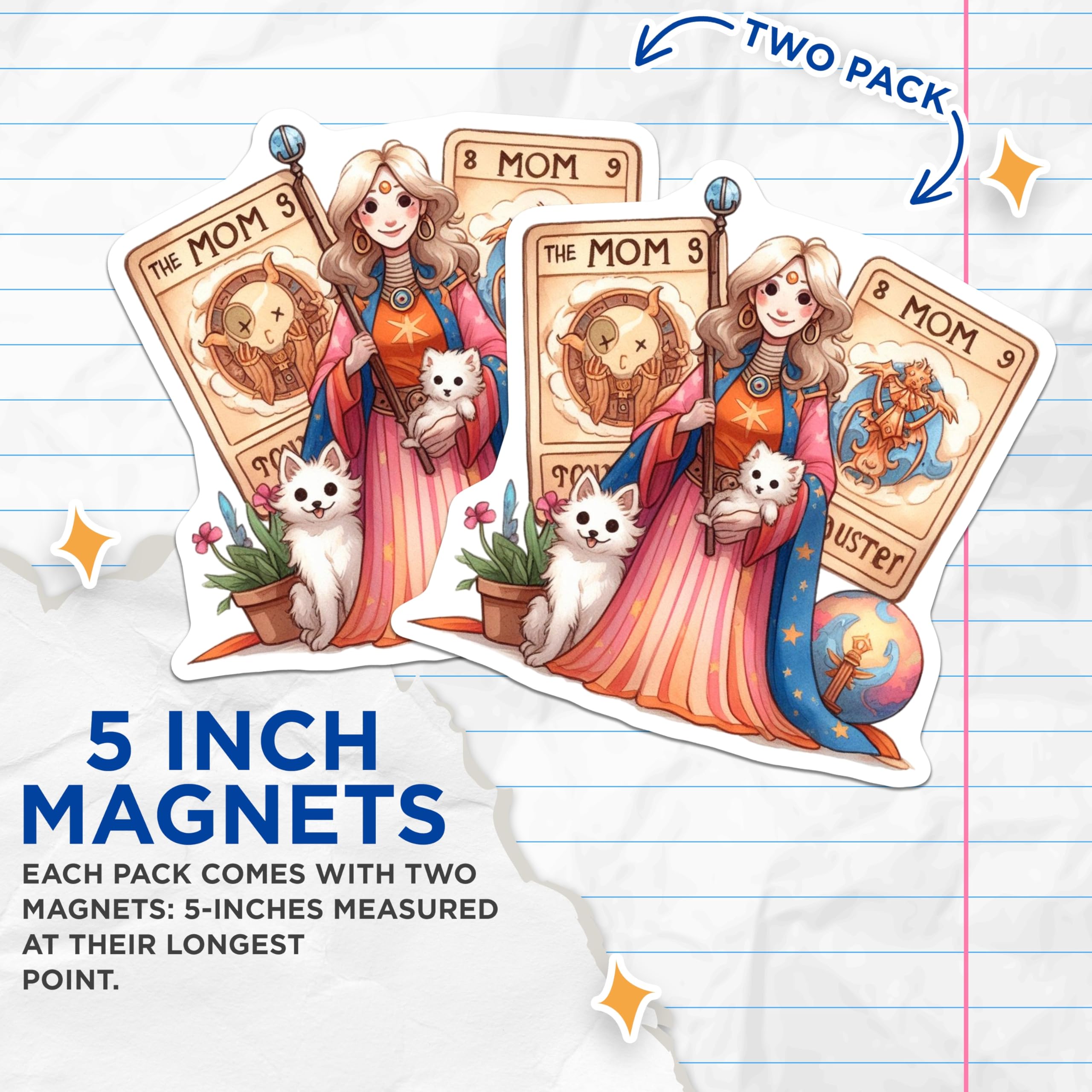 (2 Pack) Mom Witch Magnets - Tarot Divination Art - Fluffy Dog Companions Decor - 5 Inches On Longest Side - Thick Durable Magnet - Made in USA - MAG21932