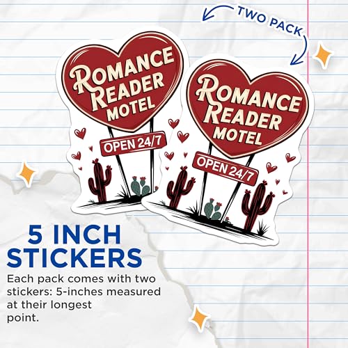 (2 Pack) Romance Reader Stickers - Retro Motel Stickers - Love Themed Cactus Stickers - 5" On Longest Side - Sticks to Any Smooth Flat Surface - Made in USA - BMCS3558