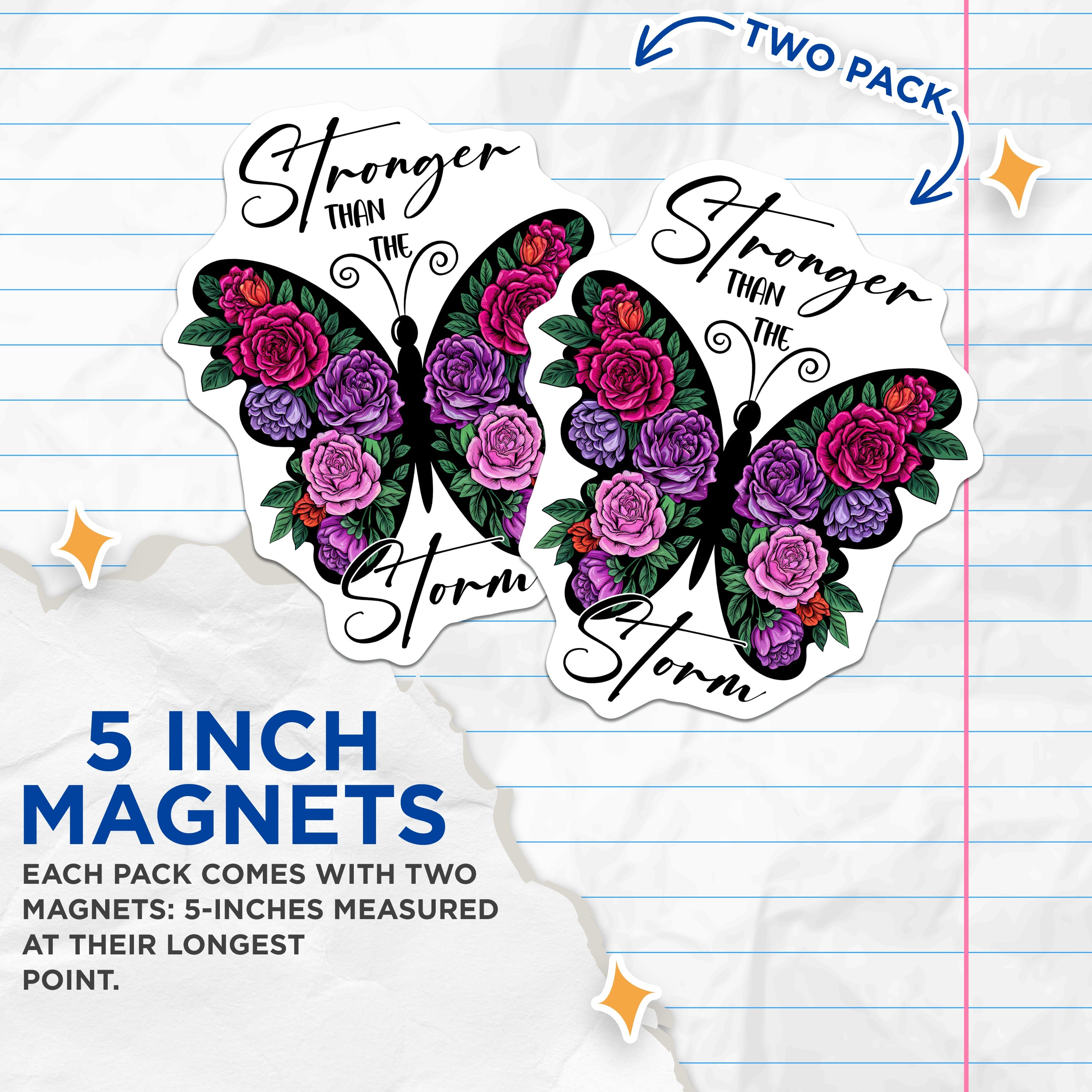 (2 Pack) Stronger Than The Storm Magnets - Floral Butterfly Quote - Inspirational Resilience Decor - 5 Inches On Longest Side - Thick Durable Magnet - Made in USA - MAG38910