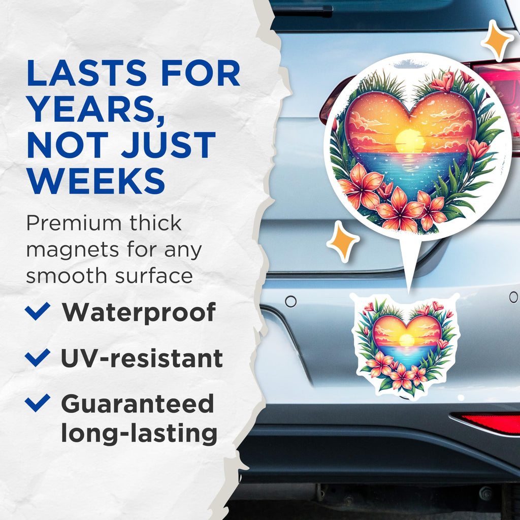 (2 Pack) Tropical Sunset Magnets - Heart Shaped Ocean Scene - Hawaiian Floral Decor - Beach Aesthetic Refrigerator - 5 Inches On Longest Side - Thick Durable Magnet - Made in USA - MAG28049