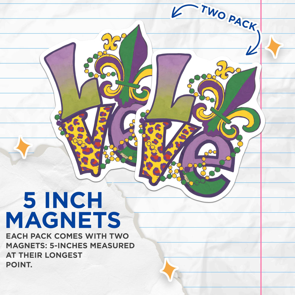 (2 Pack) Mardi Gras Love Magnets - Fleur de Lis Decor - Carnival Celebration Accessories - 5" On Longest Side - Premium Magnet - for Cars, Refrigerators, Toolboxes, Lockers - Made in USA - MAG15336