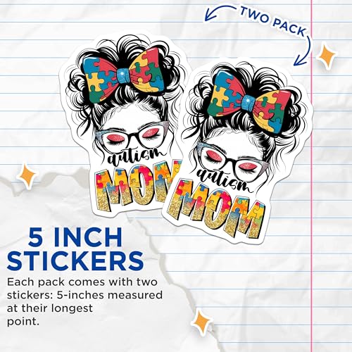 (2 Pack) Autism Mom Stickers - Puzzle Bow Design - Mother's Day Sticker for Autism Awareness - 5" On Longest Side - Sticks to Smooth Flat Surfaces - Made in USA - BMCS9697