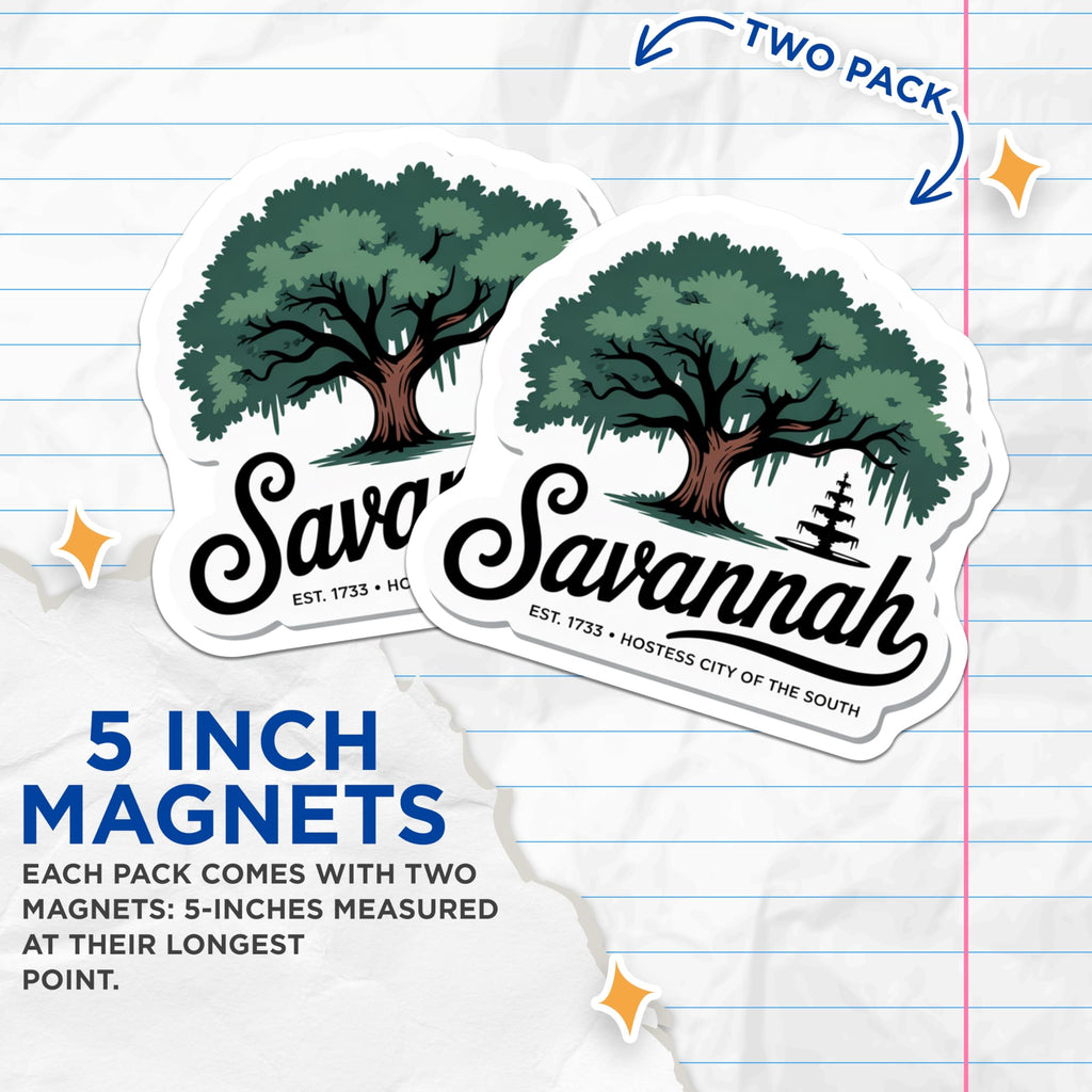 (2 Pack) Savannah Georgia Magnets - Hostess City - Southern Travel Souvenir - 5" On Longest Side - Premium Magnet - for Cars, Refrigerators, Toolboxes, Lockers - Made in USA - MAG18888