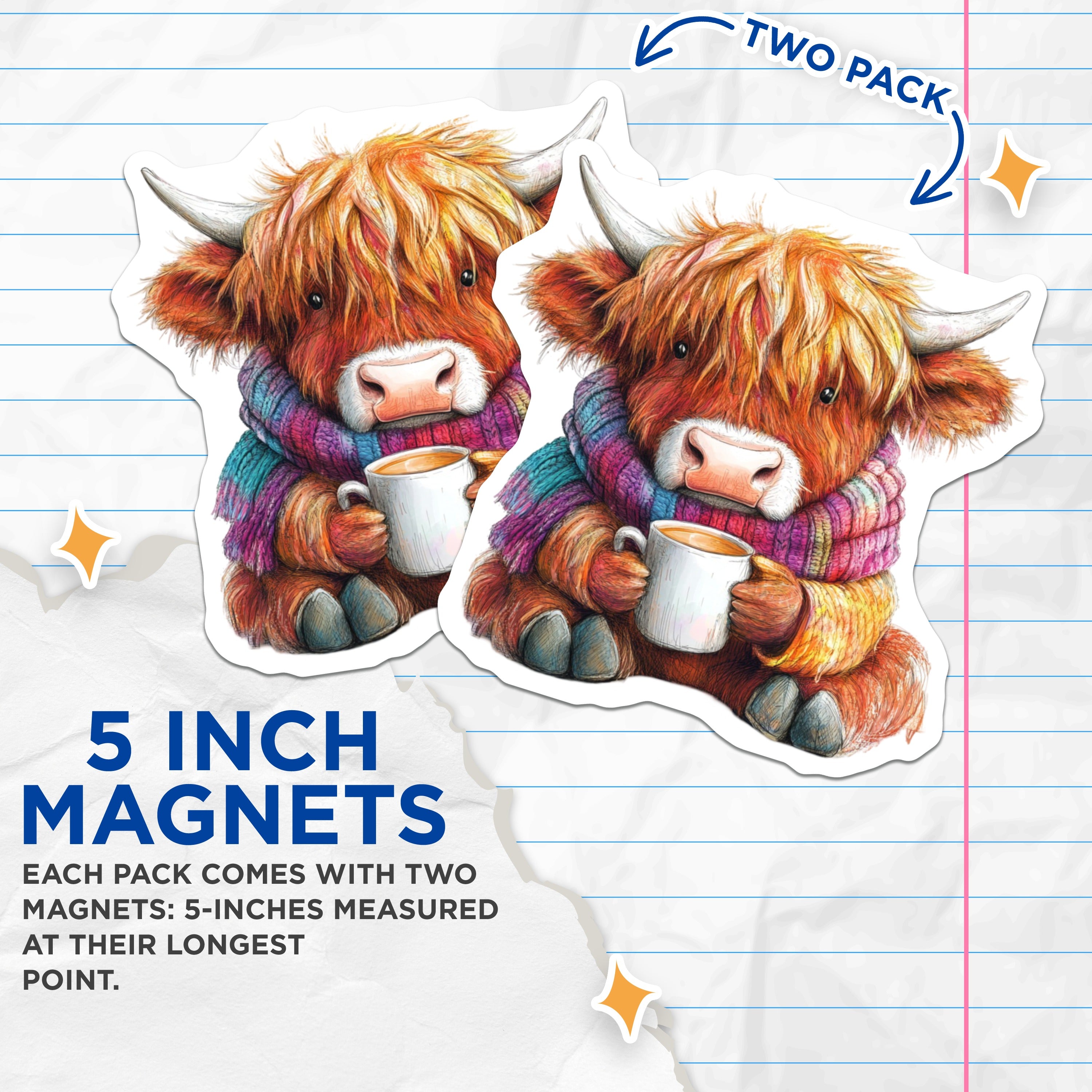 (2 Pack) Highland Cow Magnets - Cozy Scottish Calf - Fuzzy Animal Art - Coffee Mug Drinker - Farmhouse Refrigerator Decor - 5 Inches On Longest Side - Thick Durable Magnet - Made in USA - MAG37450