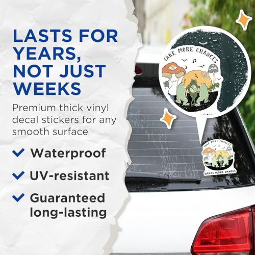 (2 Pack) Take More Chances Dance More Dances Stickers - Mushroom Frog Sticker - Inspirational Nature Sticker - 5" On Longest Side - Sticks to Smooth Flat Surfaces - Made in USA - BMCS5900