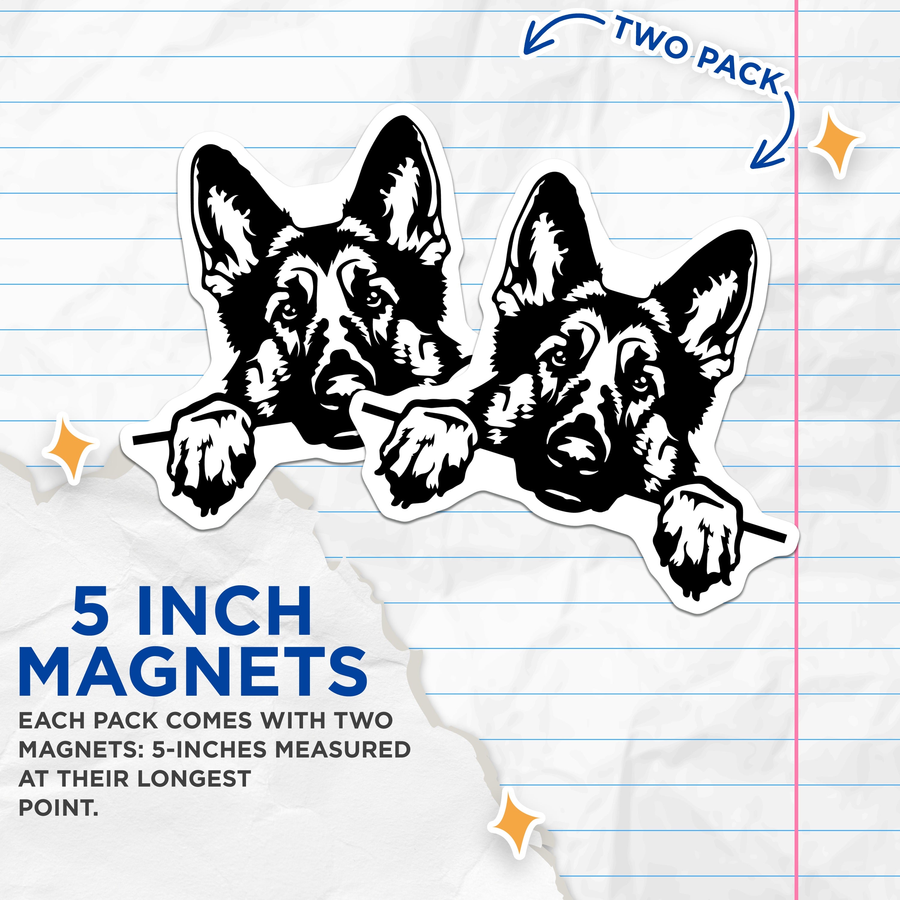 (2 Pack) German Shepherd Dog Magnets - Canine Lover Decor - Pet Parent Display - Loyal Companion Fridge Accent - 5 Inches On Longest Side - Thick Durable Magnet - Made in USA - MAG36011