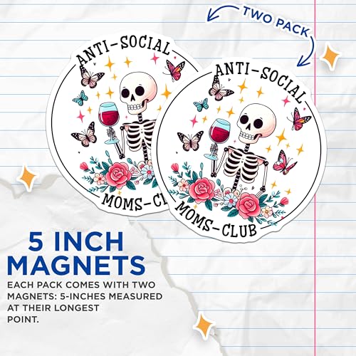 (2 Pack) Funny Skeleton Wine Lover Magnet - Floral Butterfly Decor - 5" On Longest Side - Sticks to Smooth Flat Surfaces - Made in USA - MAG9774